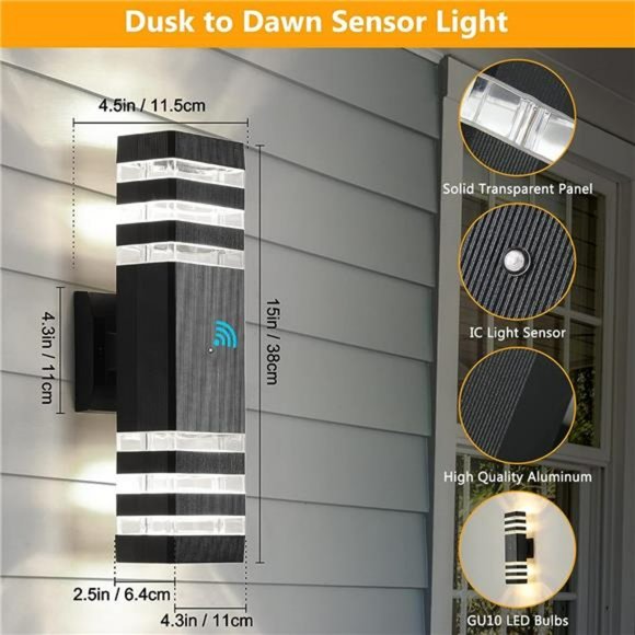Dusk to Dawn Outdoor Wall Lights, Modern Exterior Light Matte Black, 2 Pack - Picture 5 of 5